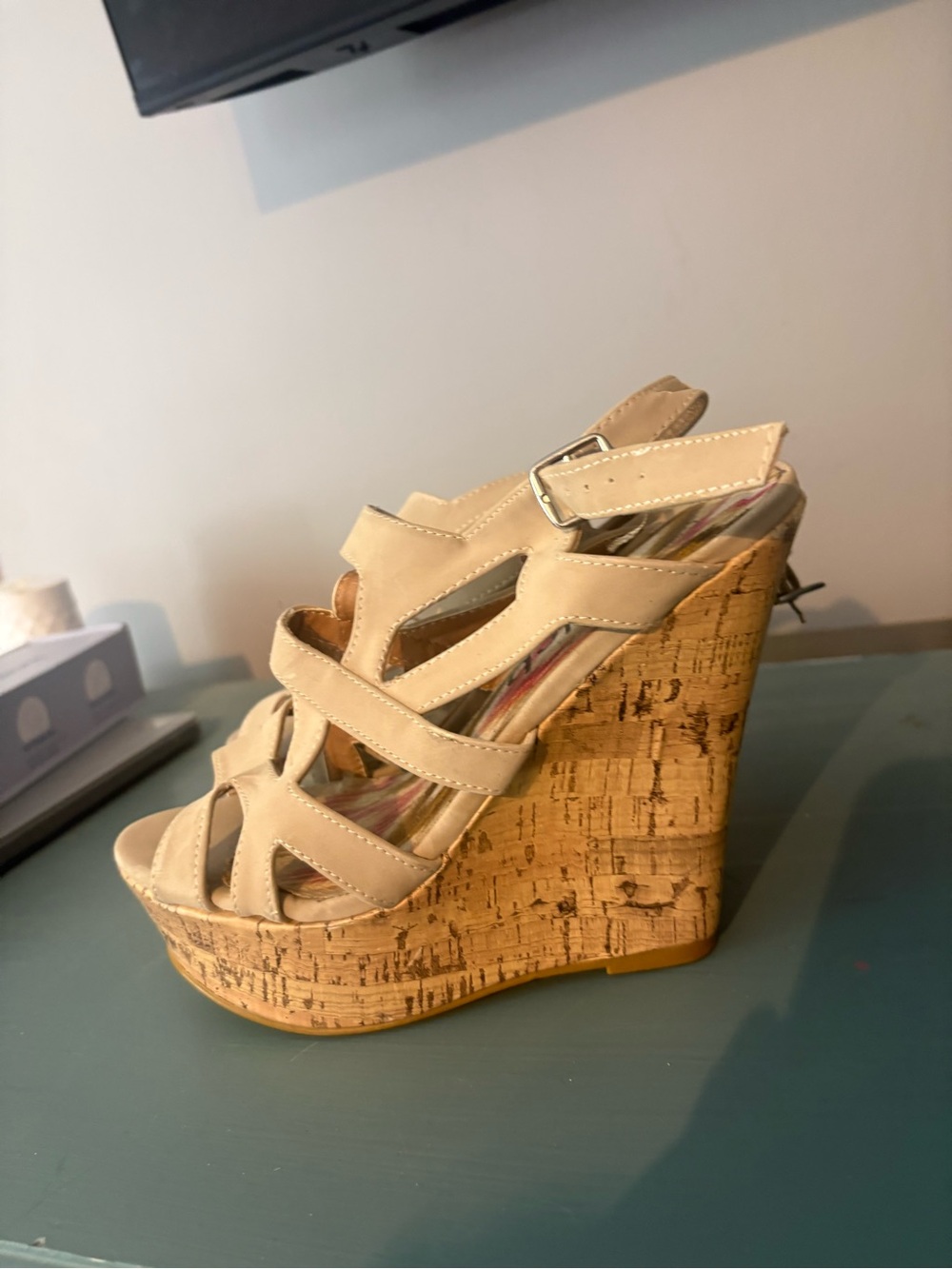 Deb Beige Cork Platform Wedge Sandals with Ankle Strap